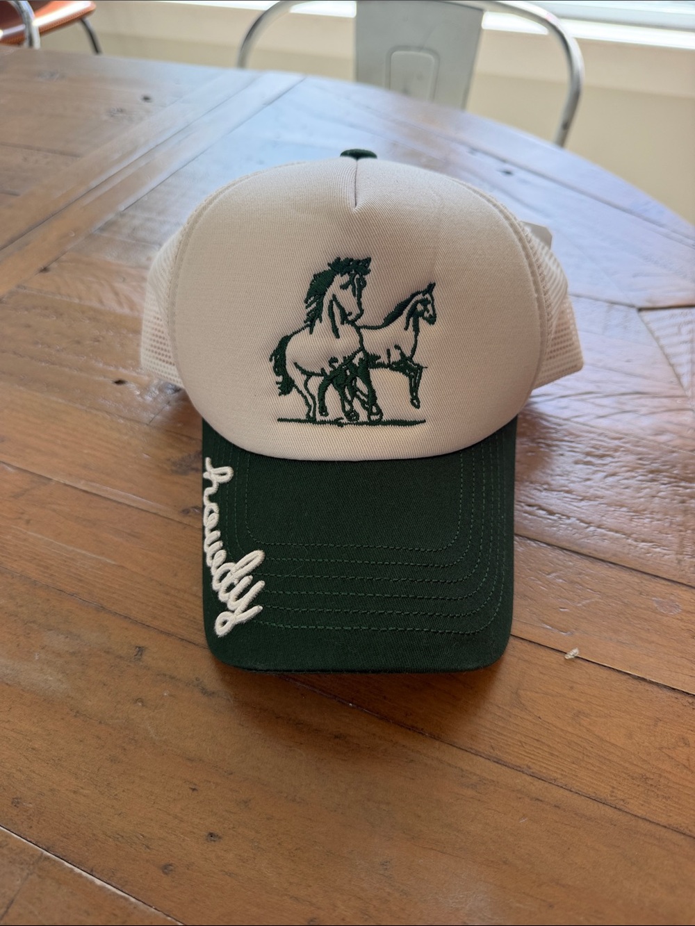 Green and White Mesh Trucker Hat with Horse Embroidery from altard state